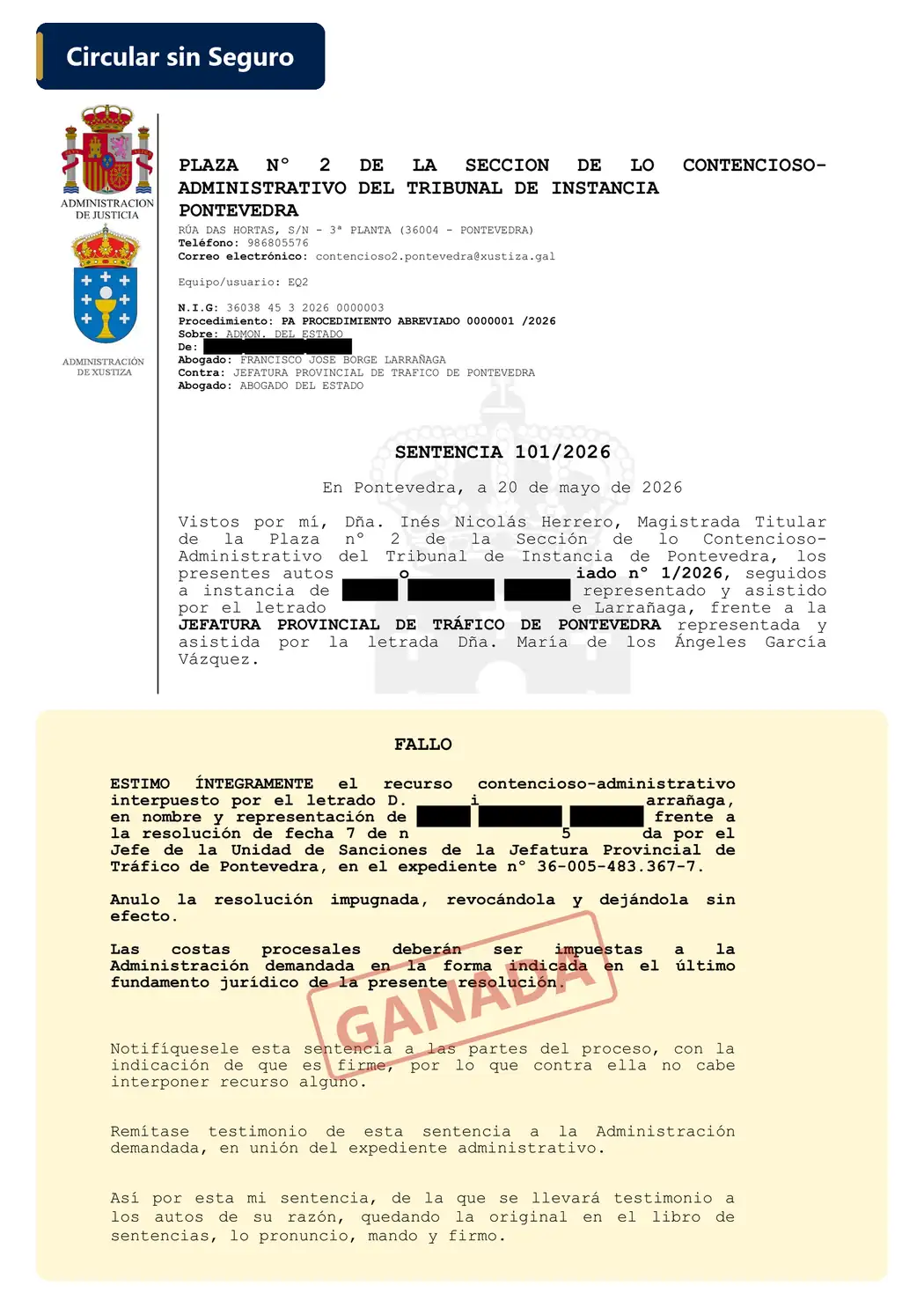 Sentencia ganada — Circular sin seguro (Pontevedra)