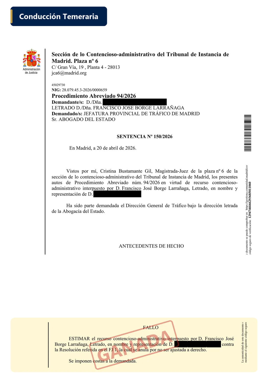 Sentencia ganada — Conducción temeraria (Madrid)