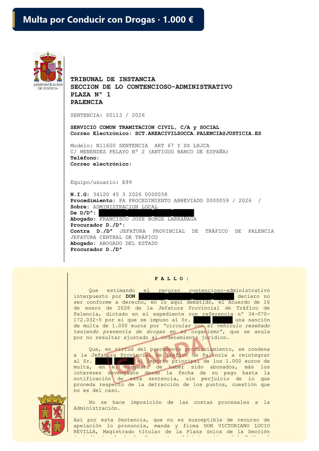 Sentencia ganada — Conducir con drogas (Palencia)