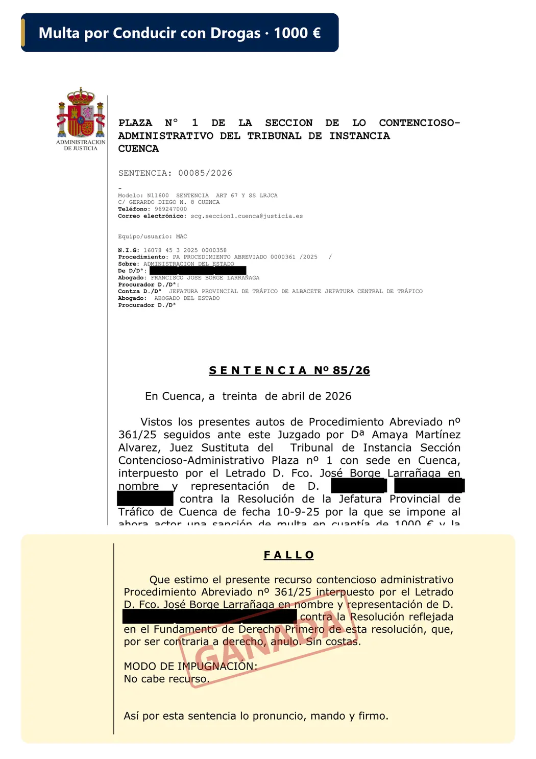 Sentencia ganada — Conducir con drogas (Cuenca)