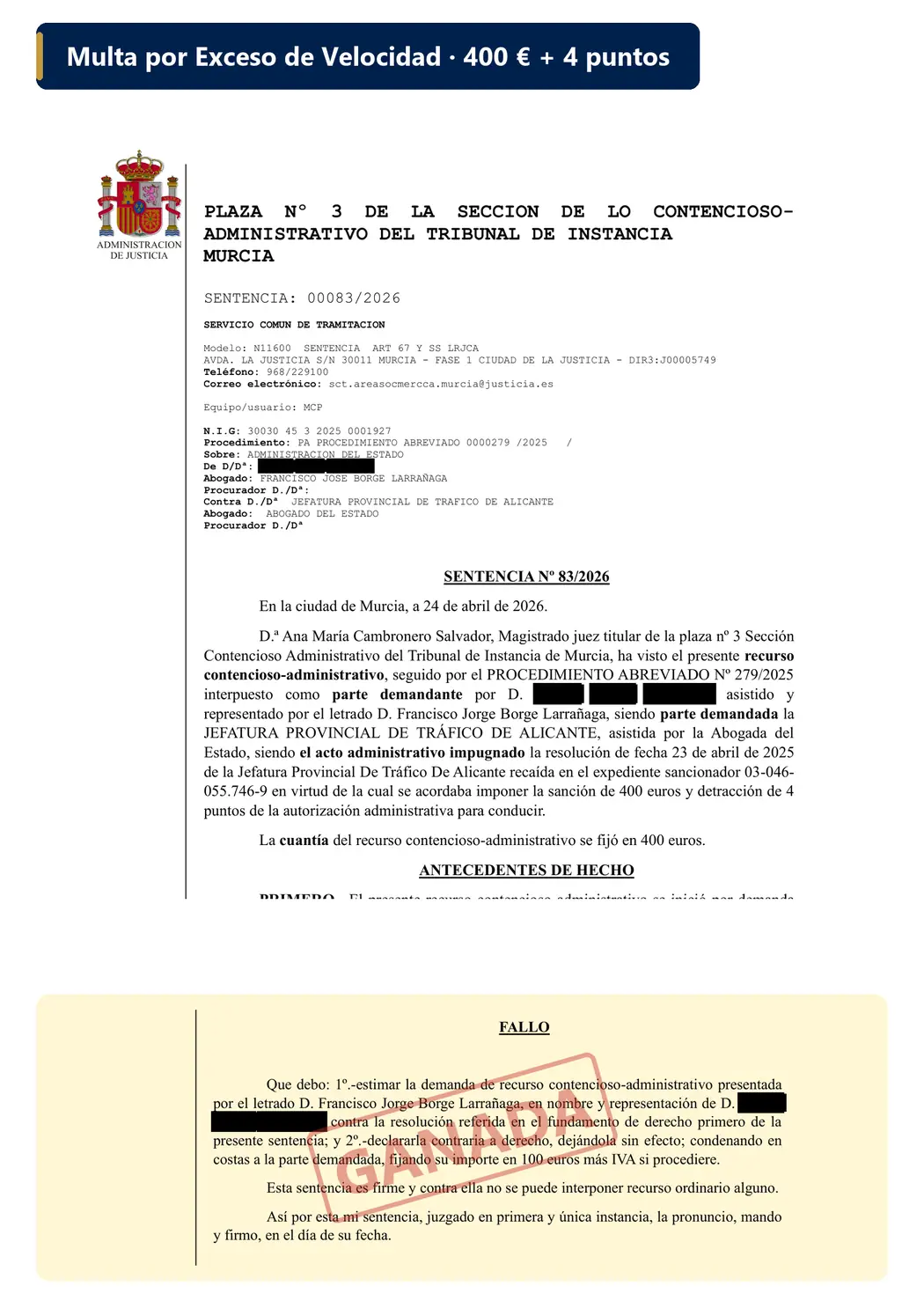 Sentencia ganada — Exceso de velocidad (Murcia)