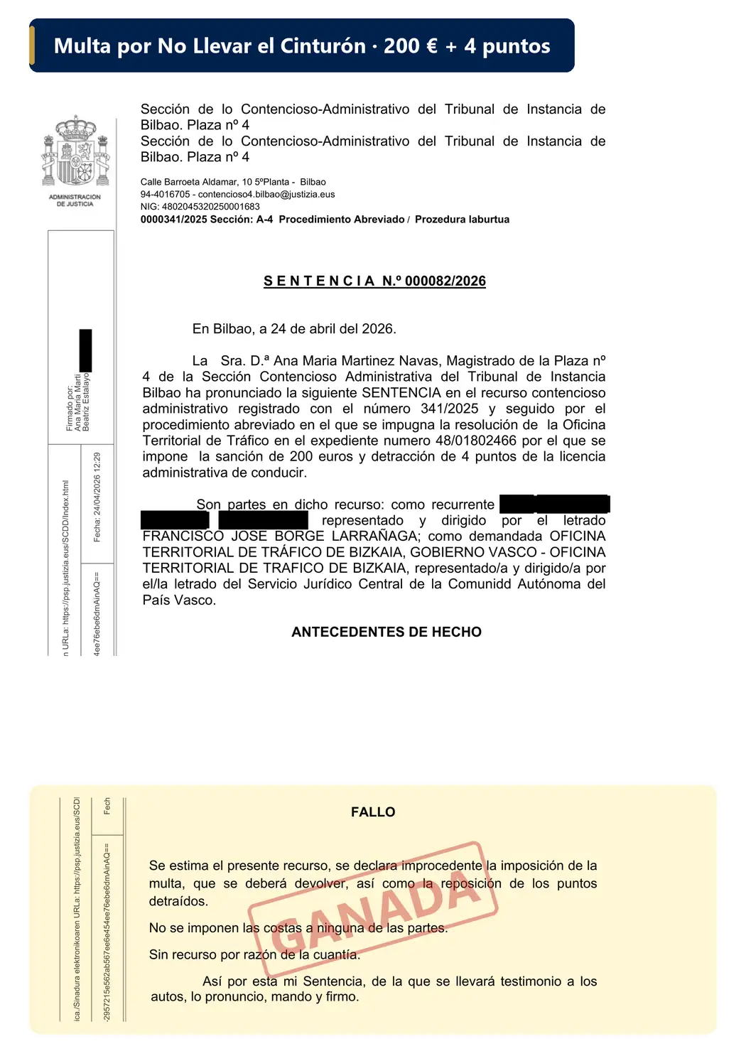Sentencia ganada — No llevar el cinturón (Bilbao)